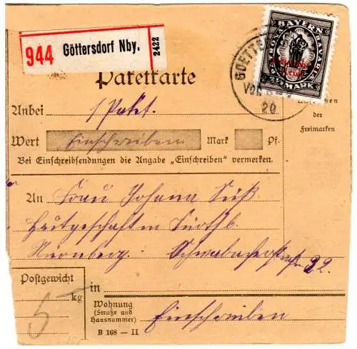 DR 1920, EF 2 1/2 Mk. Bayern Abschied auf Einschreiben Paketkarte v. Göttersdorf