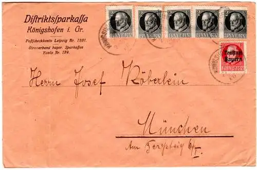 Bayern 1920, 10+5x2 Pf. auf Bank Brief v. K1 Königshofen i. Grf. n. München