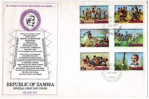 Zambia 1973, 6 Werte 100. Todestag David Livingstone kpl. auf schönem Brief