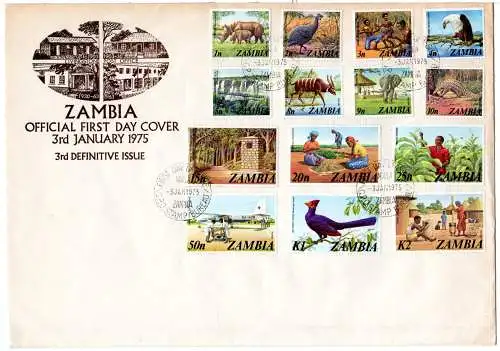 Zambia 1975, Tiere und Leben, 14 Werte kpl. auf schönem Brief