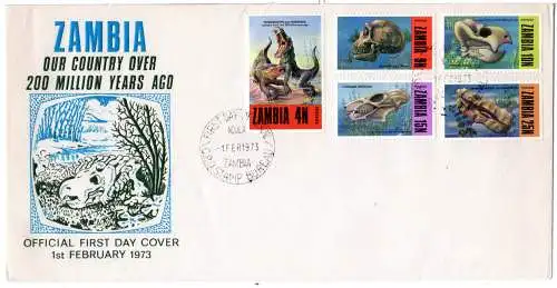 Zambia 1973, 5 Werte Prähistorische Tierfunde auf FDC