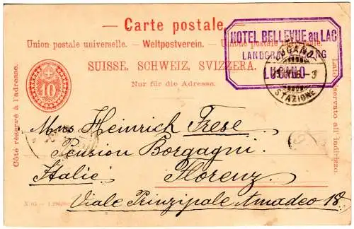 Schweiz 1906, 10 C. Ganzsache v. Lugano n. Italien m. Bellevue au Lac Hotelstpl.