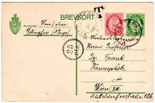 Norwegen 1921, 10+5 öre Ganzsache (P64) v. Vittingfoss m. Porto n. Österreich