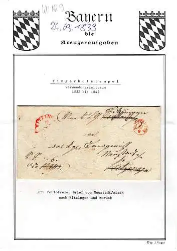 Bayern 1839, rote Fingerhutstpl. Neustadt a/A u. HKS Kitzingen auf Zurück Brief