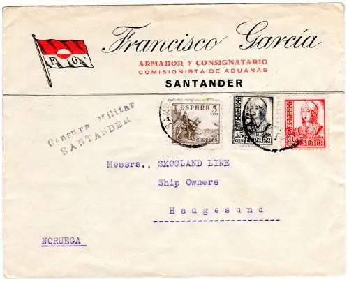 Spanien 1937, 5+15+30 C. auf Zensur Brief v. Santander n. Norwegen