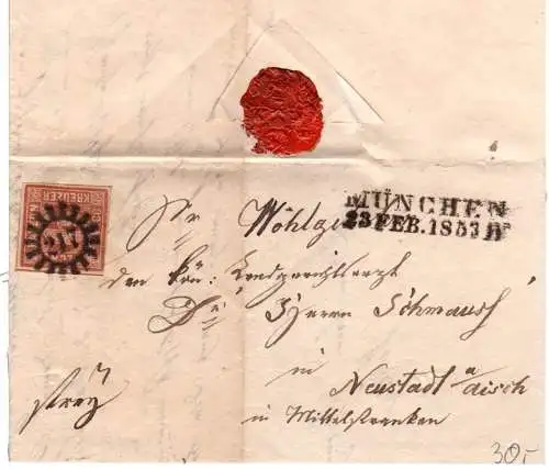 Bayern 1853, voll-/breitrandige 6 Kr. auf Brief m. klarem MR 217 München