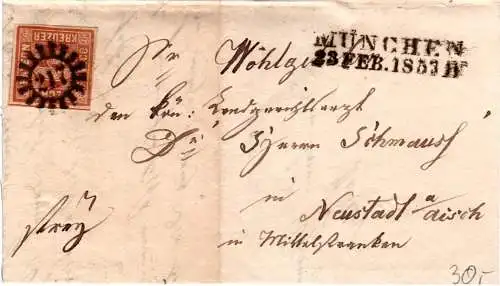 Bayern 1853, voll-/breitrandige 6 Kr. auf Brief m. klarem MR 217 München