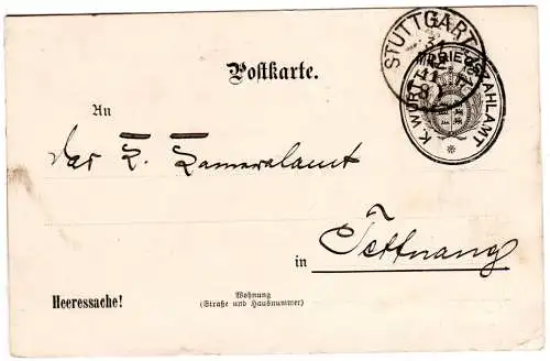 Württemberg 1911, portofreie Heeressache Karte v. Stuttgart n. Tettnang.