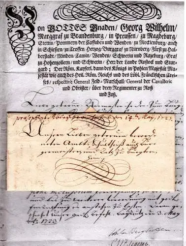 Bayern 1723, Schörkelbrief m. gedrucktem Inhalt v. Bayreuth n. Burgbernheim