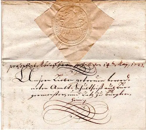 Bayern 1723, Schörkelbrief m. gedrucktem Inhalt v. Bayreuth n. Burgbernheim