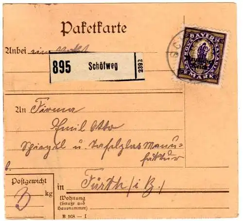 DR 1920, EF 2 Mk. Bayern Abschied auf Paketkarte v. Schöfweg.