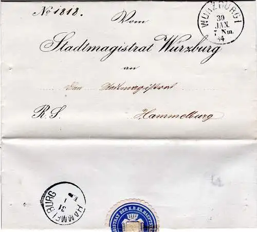 Bayern 1884, K1 Würzburg I u. rs. Hammelburg auf Magistrats Vordruckbrief