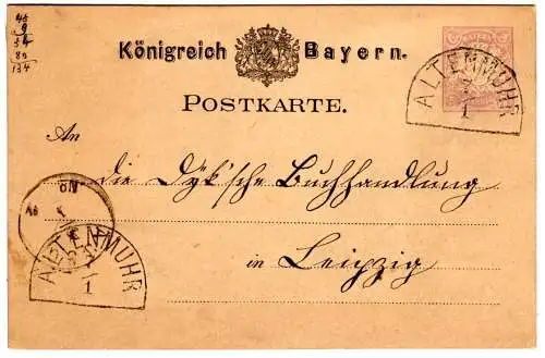 Bayern 1880, HKS Altenmuhr auf 5 Pf. Ganzsache n. Leipzig.