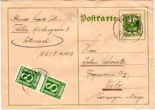 Österreich 1926, 2x8 G. auf 8 G. Ganzsache n. Norwegen m. Bahnpost Tulln-Wien