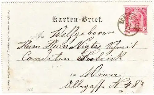 Österreich 1894, Fingerhutstempel SCHLEINBACH klar auf 5 Kr. Kartenbrief