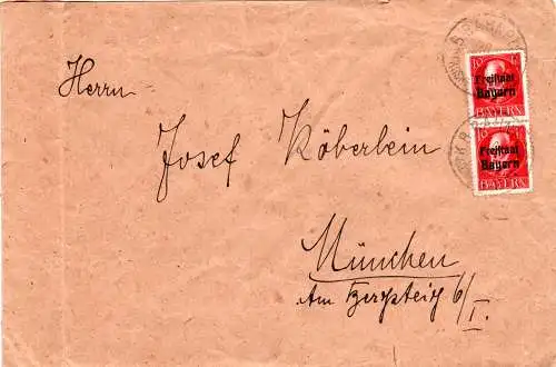 Bayern 1920, 2x10 Pf. Freistaat auf Brief m. Bahnpost-K1 KGSHF. I NEUST.