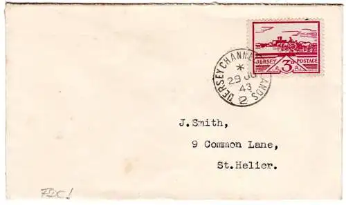 Jersey 1943, 3d auf FDC m. Stpl. Jersey Channel Islands 2 / 29 JU 43