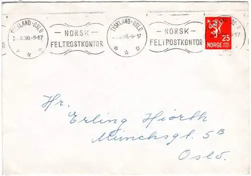 Norwegen 1950, MaschStpl. NORSK FELTPOSTKONTOR TYSKLAND-OSLO auf Brief m. 25 öre