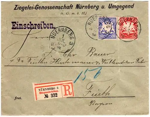 Bayern 1898, 10+20 Pf. auf Ziegelei Einschreiben Brief v. Nürnberg 3 n. Fürth.