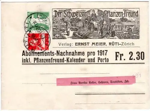 Schweiz 1917, gebr. 5+10 C. Privat Ganzsache Streifband v. Rüti m. Illustration 