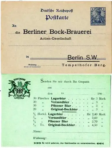 DR, ungebr. 2 Pf. Germania Reichspost Ganzsache m. Berliner Brauerei Zudruck