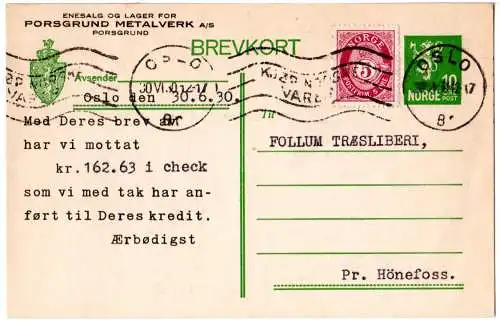 Norwegen 1930, 10 öre Ganzsache m. Zusatzfr. u. Porsgrund Metalverk-Zudruck