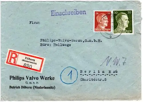 DR 1944, 24+30 Pf. auf Firmen Einschreiben Brief v. Döbern