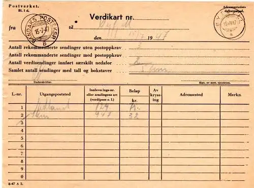 Norwegen 1947, Postschein Verdikart m. Schiffspoststpl. Bandak´s Posteksp. B