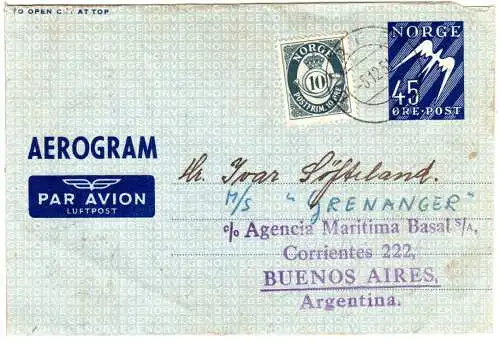 Norwegen 1951, 10 öre on 45 öre Aerogramme stationery from Bergen to Argentina