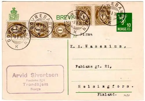 Norwegen 1934, 5x1öre auf 10 öre Ganzsache m. Bahnpost v. Trondhjem n. Finnland