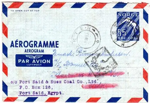 Norwegen 1953, 55 öre Aerogram v. Horten n. Port Said m. Ägypten Zensur