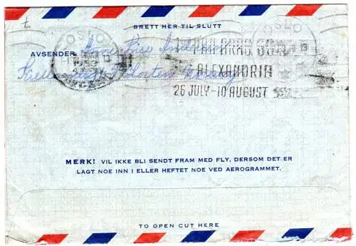 Norwegen 1953, 55 öre Aerogram v. Horten n. Port Said m. Ägypten Zensur