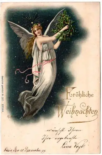 Fröhliche Weihnachten m. Christbaum u. Engel, 1899 gebr. Farb-AK