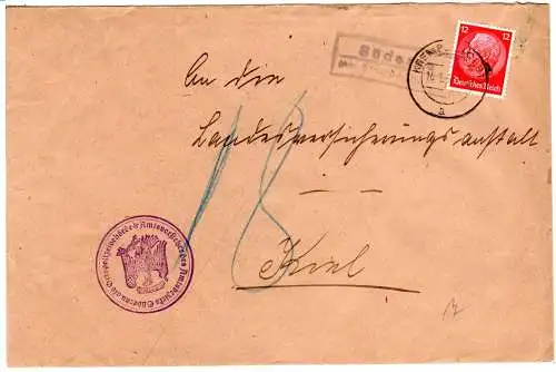 DR 1938, Landpost Stpl. SÜDERAU über Krempe auf Ortspolizei Brief m. 12 Pf.