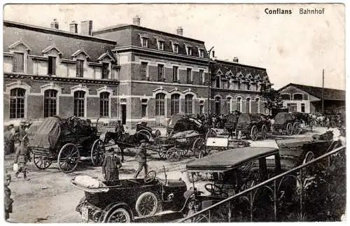 Frankreich, Conflans Bahnhof m. Oldtimer u. Pferdekutschen, 1915 m. FP gebr. AK