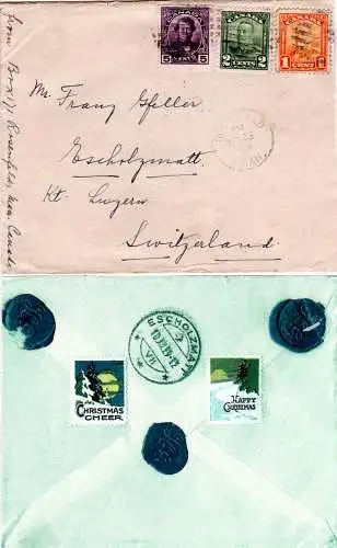 Kanada 1929, 2 Christmas seals on back of cover from Rosenfeld to Switzerland