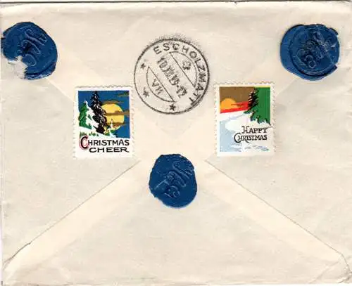 Kanada 1929, 2 Christmas seals on back of cover from Rosenfeld to Switzerland