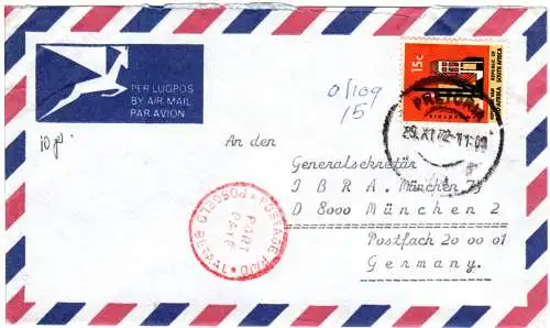 Südafrika 1972, MiF 15 C. + roter K1 POSTAGE PAID auf Luftpost Brief v. Pretoria