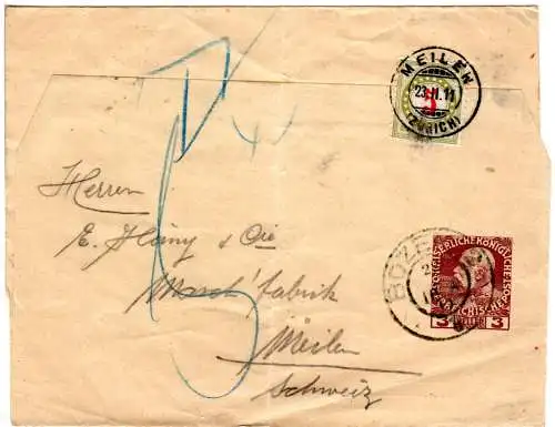 Österreich 1911, gr. 3 H. Streifband Ganzsache v. Bozen m. Schweiz Portomarke