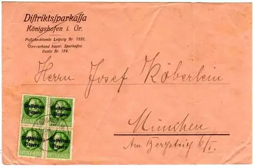 Bayern 1920, MeF 4x5 Pf. Ludwig Volksstaat auf Brief v. Königshofen i. Grf.