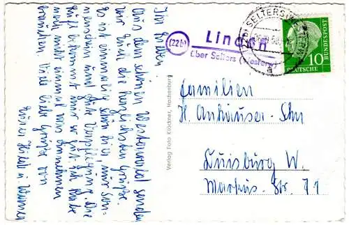 BRD 1958, Landpost Stpl. 22b LINDEN über Selters (Westerw) auf Karte m. 10 Pf