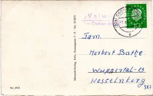 BRD 1961, Landpost Stpl. VALWIG über Cochem (Mosel) auf Karte m. 10 Pf