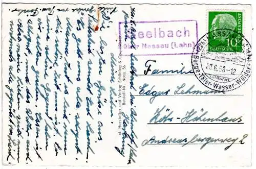 BRD 1958, Landpost Stpl. SEELBACH über Nassau (Lahn) auf Karte m. 10 Pf