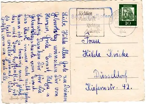 BRD 1962, Landpost Stpl. 8401 GEBELKOFEN auf Karte m. 10 Pf