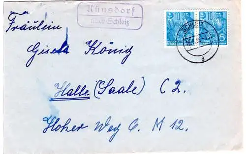 DDR 1956, Landpost Stpl. KÜNSDORF über Schleiz auf Brief m. 2x10 Pf. 