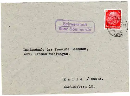 DR 1940, Landpost Stpl. SCHWERSTEDT über Sömmerda auf Brief m. 12 Pfg.