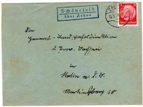 DR 1938, Landpost Stpl. SCHÖNEFELD über Zahna auf Briefteil m. 12 Pf. 