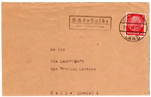 DR 1940, Landpost Stpl. SCHÖNHAIDE über Crimmitschau auf Briefteil m. 12 Pf. 