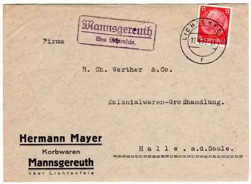 DR 1937, Landpost Stpl. MANNSGEREUTH über Lichtenfels auf Briefteil m. 12 Pf. 