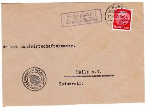 DR 1934, Landpost Stpl. SCHOPSDORF über Burg auf Gemeinde Brief m. 12 Pf. 